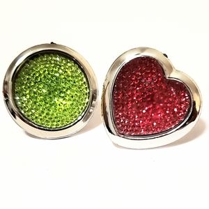 2 x LARGE RED HEART GREEN ROUND GLITTER JEWEL RING